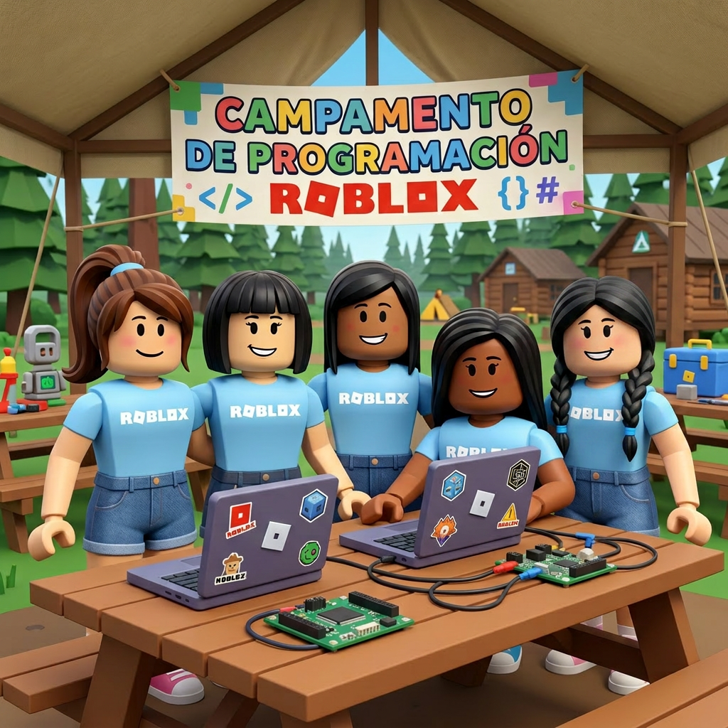 Five girls with Roblox shirts at a coding camp table with laptops and electronics outdoors